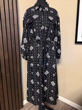 Woolrich Black Paisley Print Long Sleeve Midi Dress with Drawstring Waist